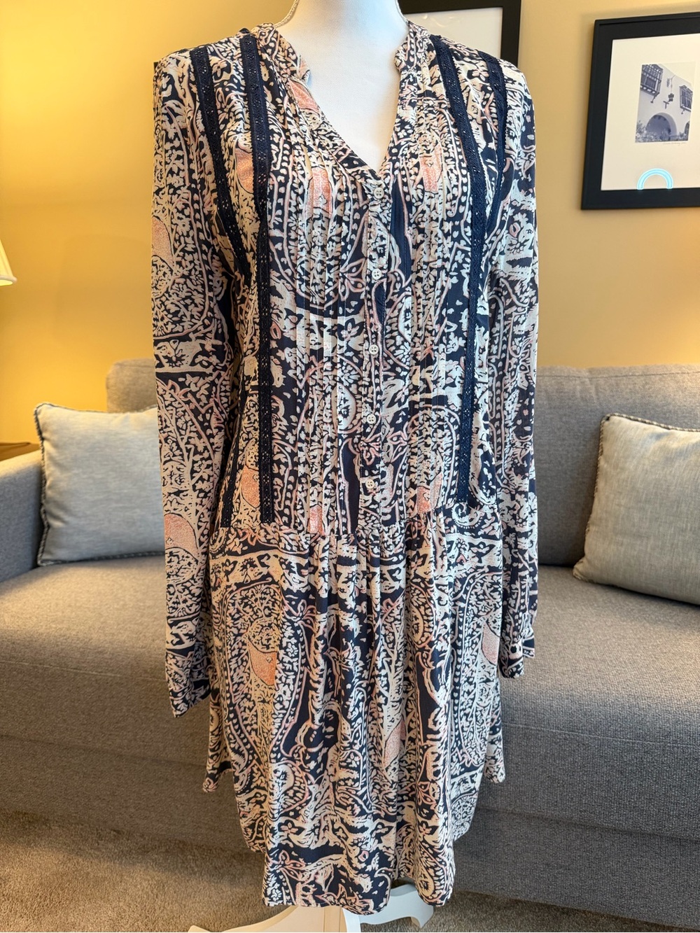 TINY Women's Navy & Blush Geo-print V-Neck Long Sleeve Dress